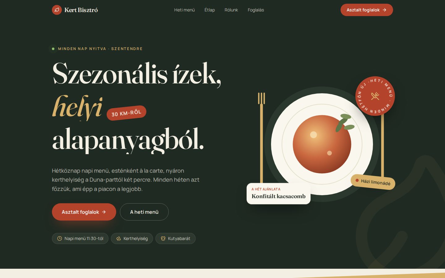 Kert Bisztró: a mintaoldal kezdőképernyője